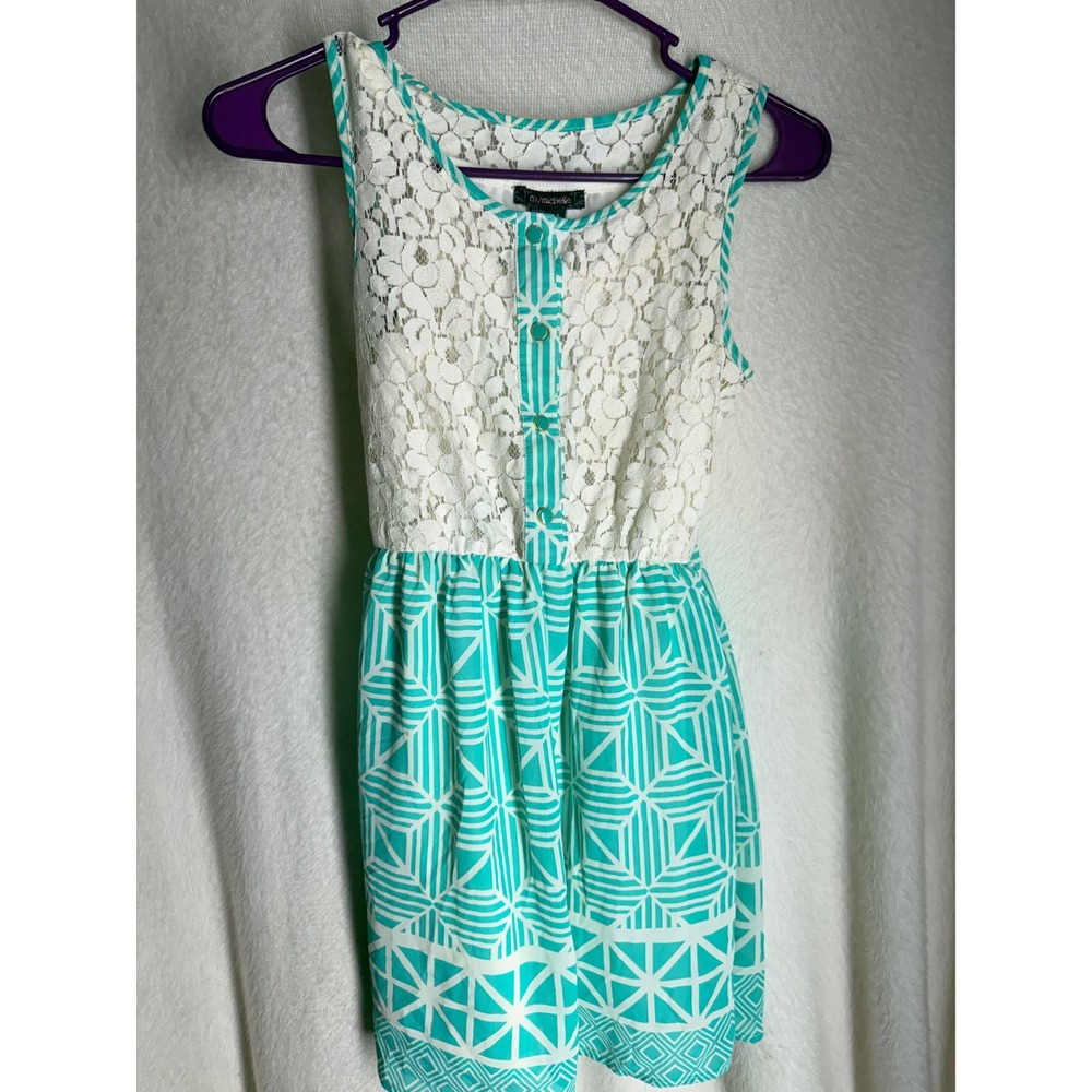 My Michelle Girls Sleeveless Lace Bodice Geometric Print Dress Teal White Size M